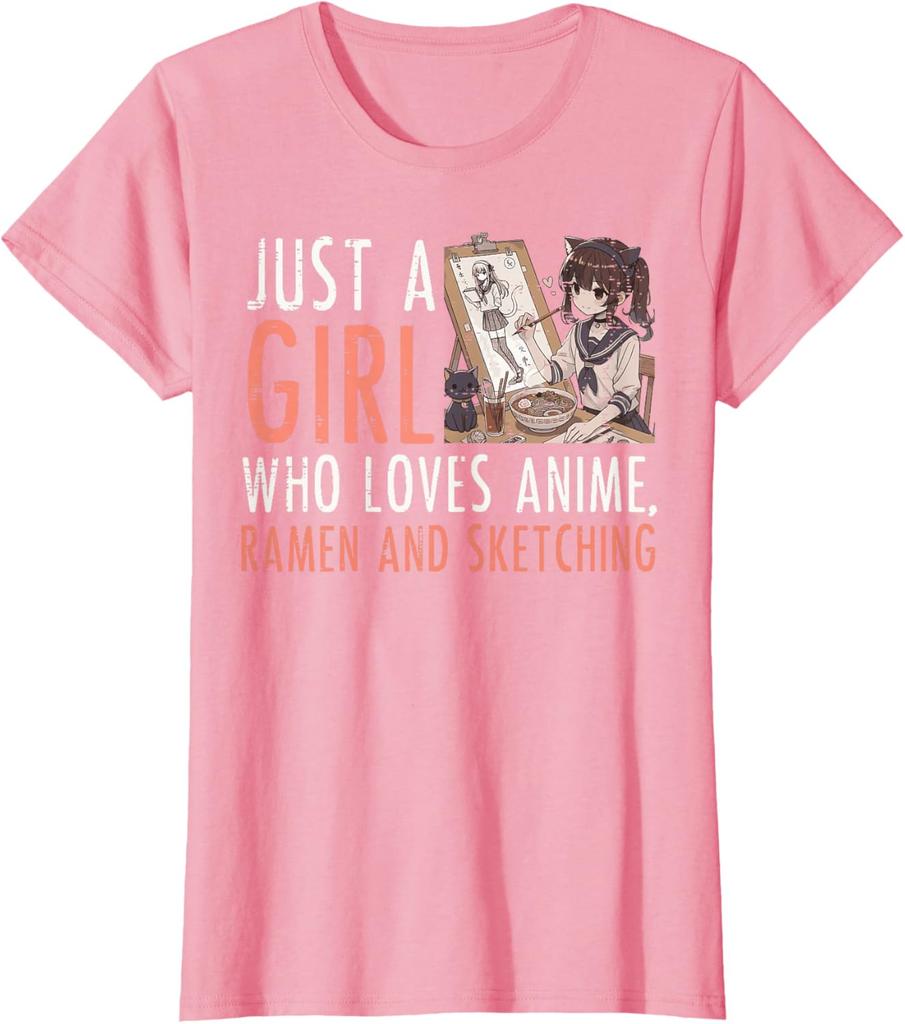 Anime Ramen Sketching Girl Graphic Tee Kawaii Drawing Lover Casual TShirt for Women