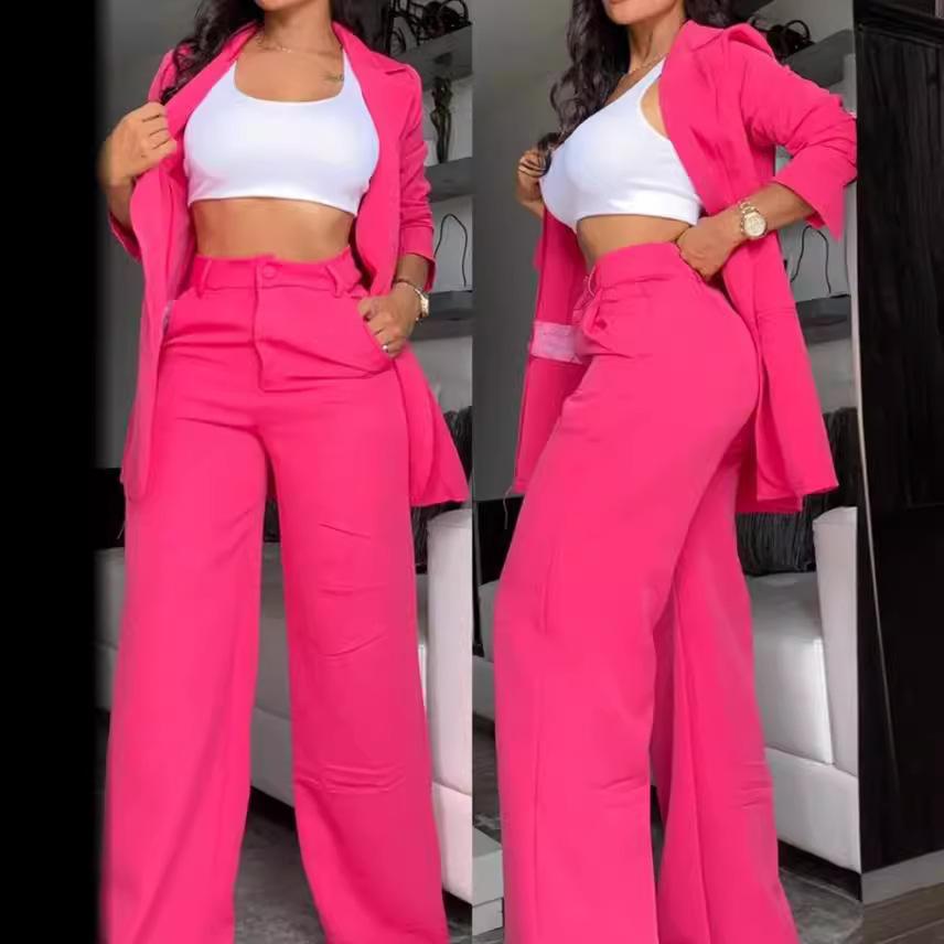 Women's Elegant Solid-Color Two-Piece Suit Set - Notched Lapel Blazer with Slit Sleeves & Straight-Leg Pants with Slant Pockets