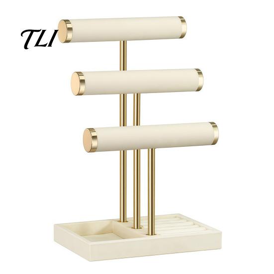 Desktop Jewelry Holder 3 Tier Velvet Organizer, T-shaped for Bracelet, Display Necklaces Rings, & Earrings, Stand with Storage Tray Non-slip