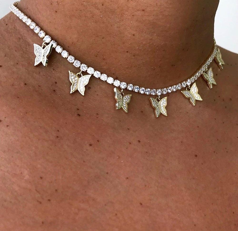 In Stock Fashion Women Iced Out Bling Brass Jewelry CZ Tennis Chain Butterfly Charm Pendant Choker Necklace for Wedding & Party