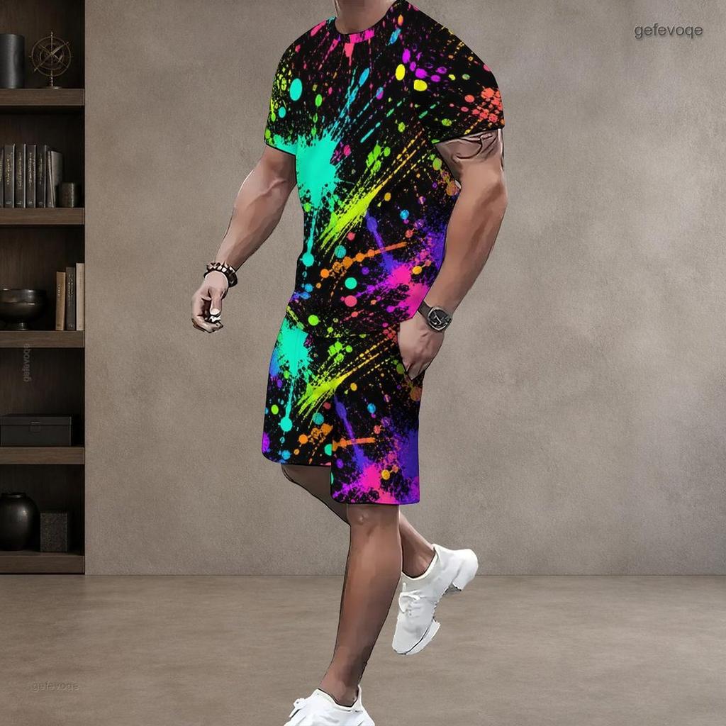 Men Plus Size Colorful Printed Round Neck Short Sleeve T Shirt Drawstring Pocket Shorts Two Piece Set