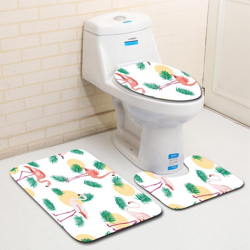 European And American Style Pink Cute Animal Flamingo Floor Mat Carpet Girl Heart Hand-Painted Illustration Toilet Three-Piece Set