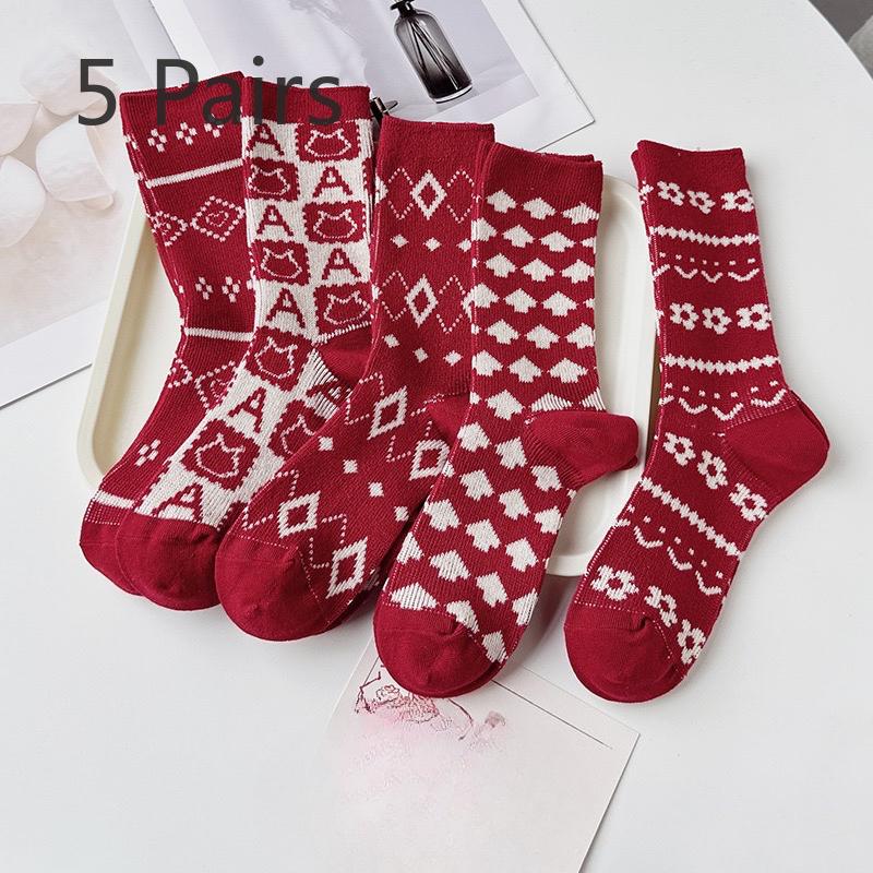 5 Paar Retro-Socken für Damen, Wadenlange Socken für Herbst und Winter, Verdickte und warme rautenförmige gekämmte Baumwoll-Langsocken für Damen