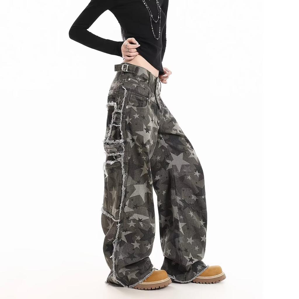 Jeans Larghi Unisex a Vita Media Deostrutturati Vestibilità Larga Vintage Americano Lavato Baggy in Denim Pantaloni Rilassati Lunghi Fino a Terra