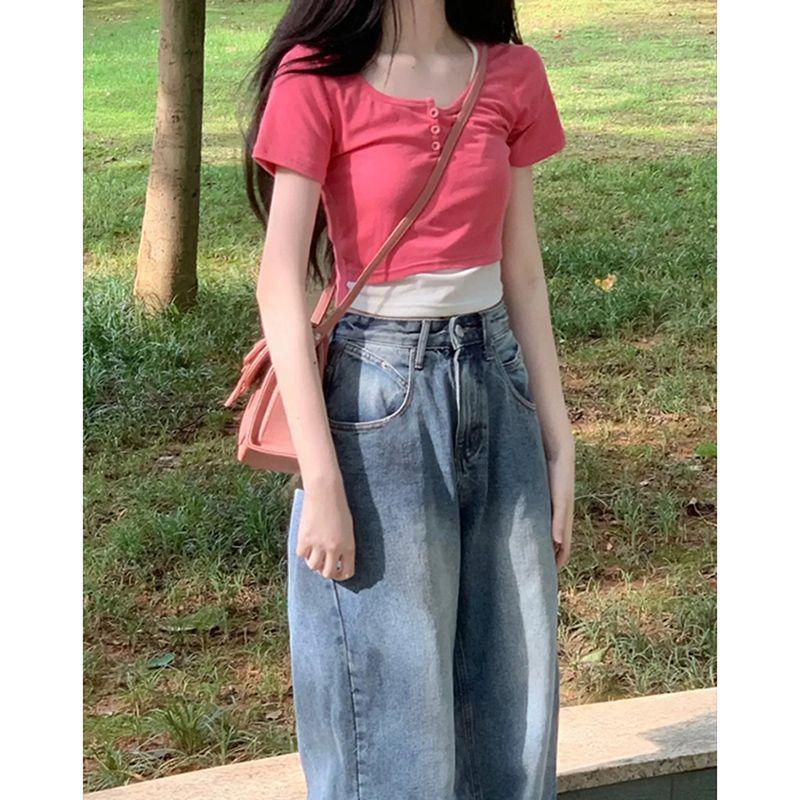 Women s Summer Slim Fit Faux Two-Piece Cotton Ribbed Short Sleeve Top Medium красный