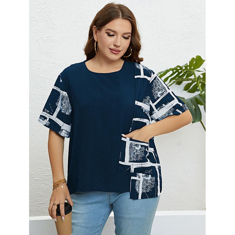 

Повседневная рубашка с нерегулярным графическим принтом для женщин, футболка с круглым вырезом и короткими рукавами, карманами для работы, отдыха, мягкий драпированный топ, свободная дышащая рубашка плюс 3XL синий