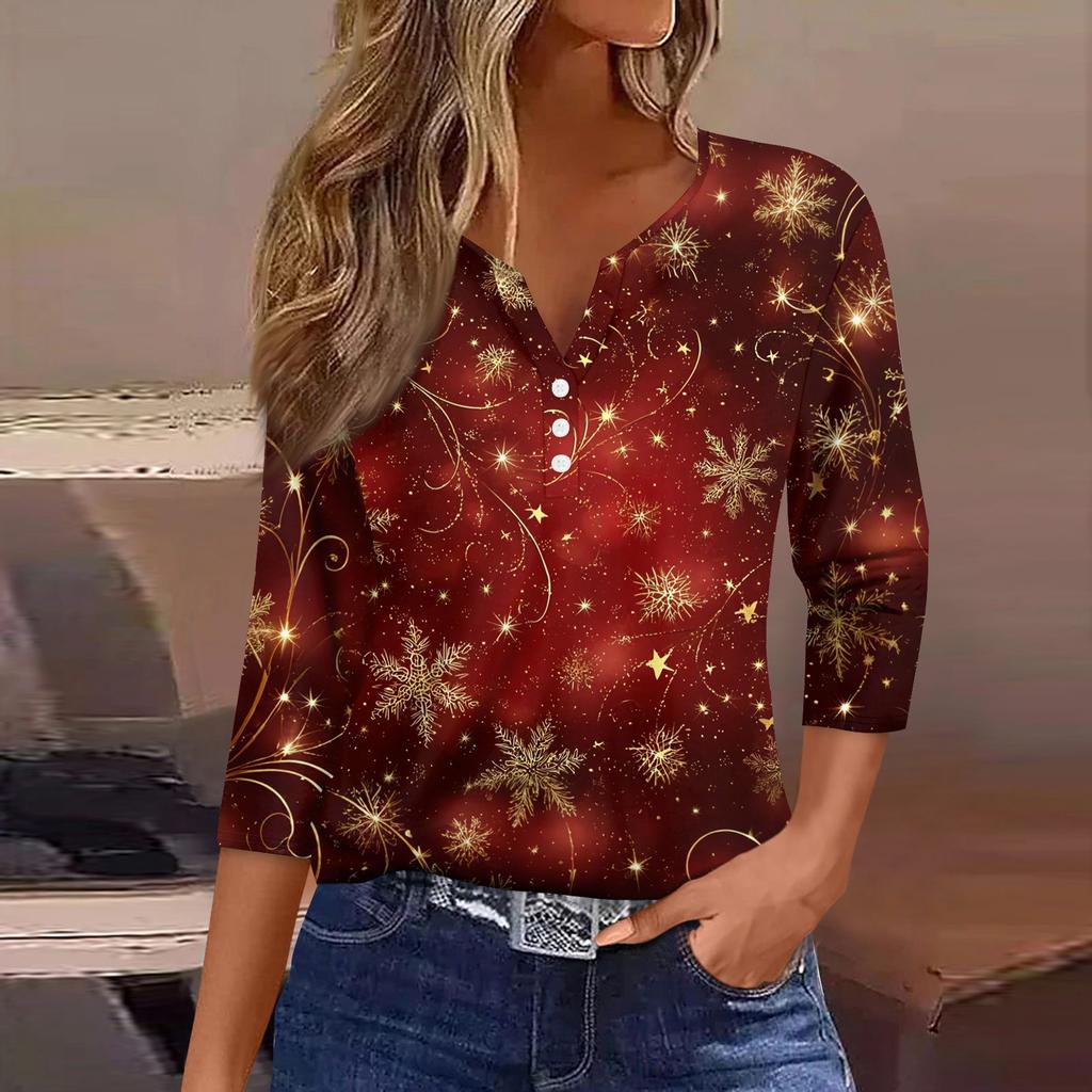 Camiseta de mujer con estampado navideño, botones, manga 3/4, para uso diario, fin de semana, básica, cuello en V, camiseta regular