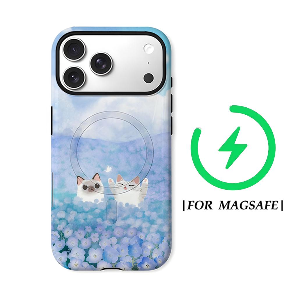 Blue Flower CatsFor Magnetic Phone Case for IPhone 17 16 15 14 13 Pro Max Plus Single Double-layer Tough Case