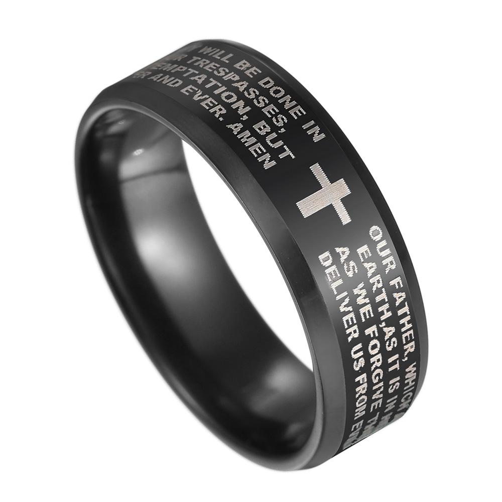 Stainless Steel Black Color Jesus Cross Ring Letter Bible Prayer Finger Rings For Men 8mm Amulet Jewelry