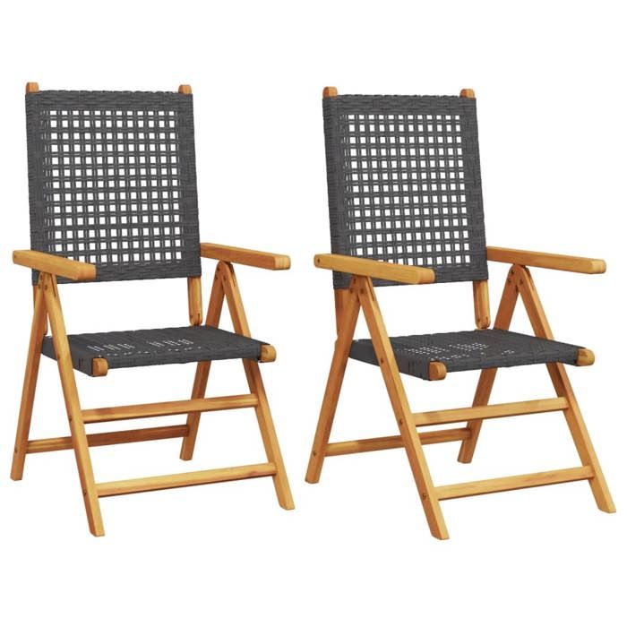 VidaXL Garden Chairs Set of 2 Black Solid Acacia Wood and Rattan, Garden Seat, Outdoor Seat, Folding Chair, 367651