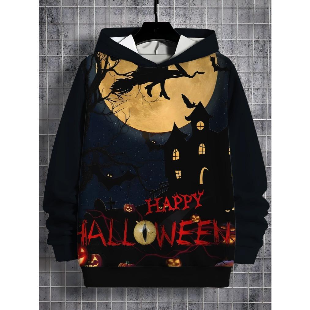 Boy Halloween Hoodie - Ghost Castle, Bat and Full Moon Pattern - "Happy Halloween" Text Halloween Gift