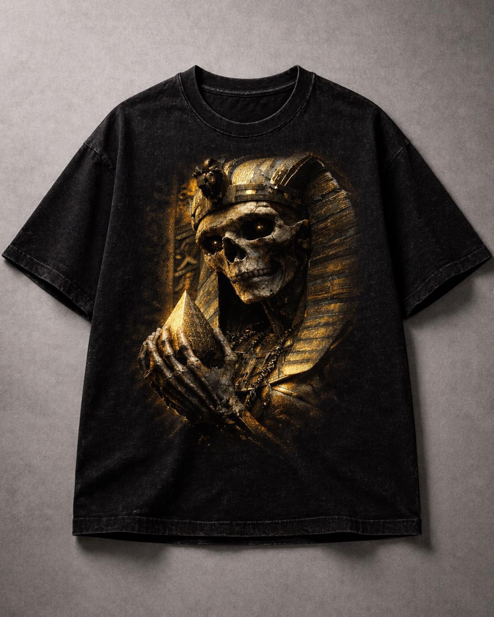 Pharaoh Skull T-Shirt – Dark Egyptian King Gold Gothic Graphic Tee 2XL