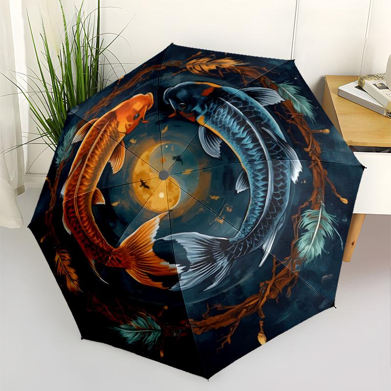 Koi Fish Lotus Flowers Automatic Umbrella with 8-Rib Foldable Design All-Season Use Fashionable Accessory Best for Christmas
