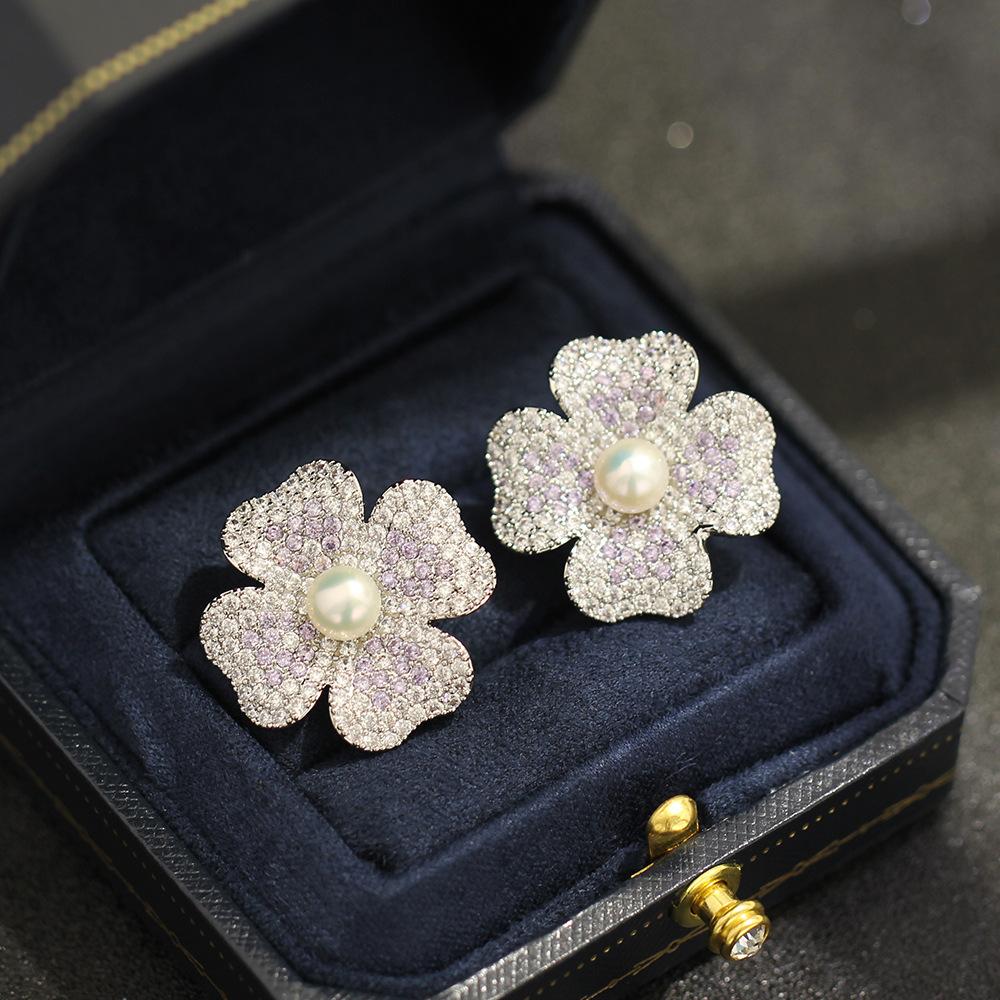 New medieval vintage four flower stud earrings freshwater pearl earrings full of zircon heavy industry earrings women