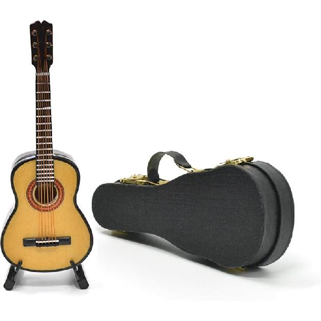 Миниатюрная гитара с подставкой и чехлом, Мини 6-струнная акустическая гитара Музыкальные инструменты Миниатюрная модель гитары Домашний декор (Дерево) classic/13cm