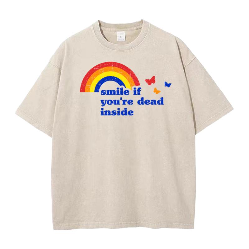 Pure Cotton Unisexs Short Sleeve Smile if Dead Washed T Shirt Casual Tops Tees Graphic Cool Crew Neck Washed Tees