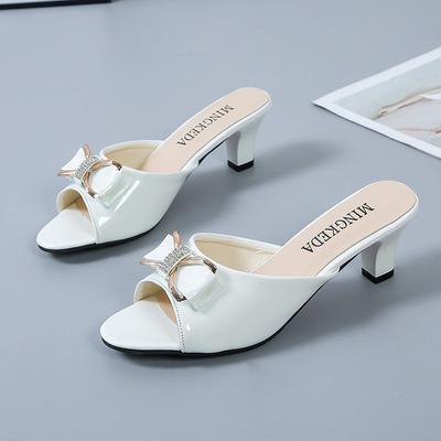 Korean Fashion Versatile Bow Large High Heels 2025 Summer New Women's Outerwear Thick Heels Fish Mouth Slippers