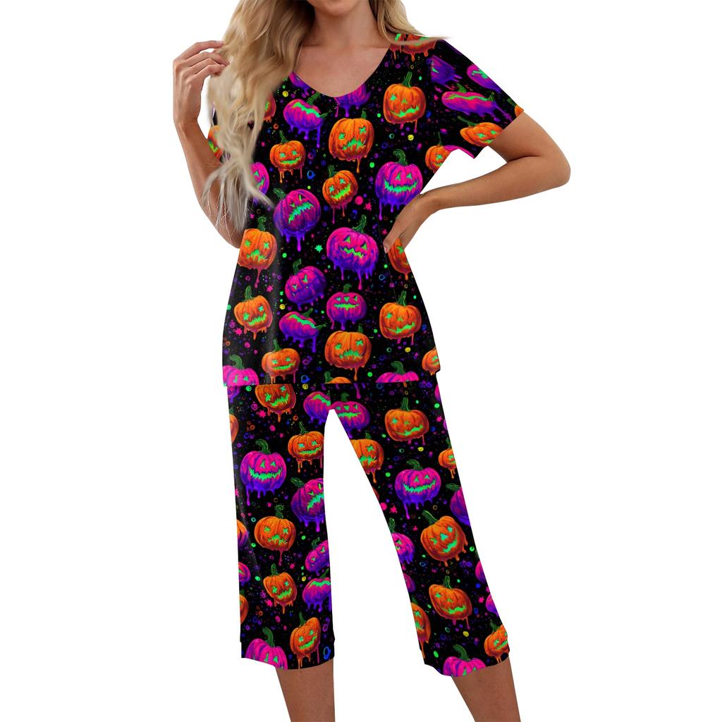 Women's Two Piece Halloween Print Lounge Set Short Sleeve V Neck Top and Capri Pants Casual Pajama Set for Relaxed Fit