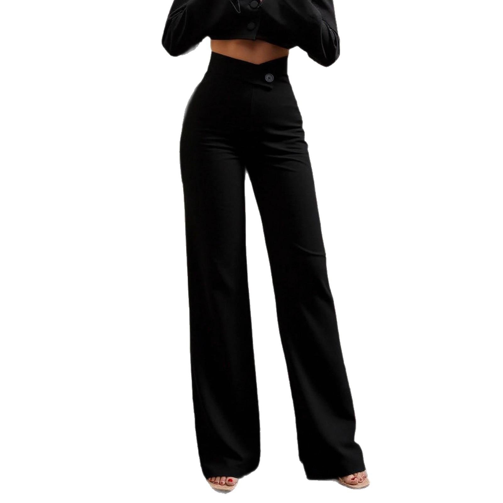 

Women s High-waisted Black Straight-leg Trousers with Asymmetrical Waistband Design S чорний
