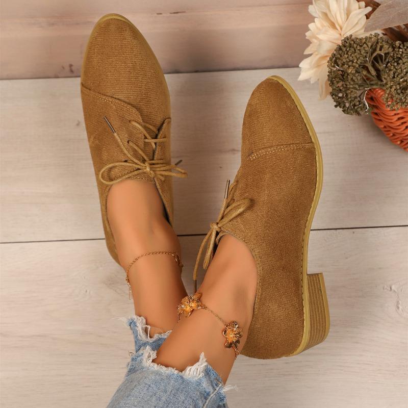 New Women's Single Shoes with Heels Pointed Toe Square Heel Lace-up Shallow Shoes Outdoor Leisure Retro Plus-size Women's Shoes