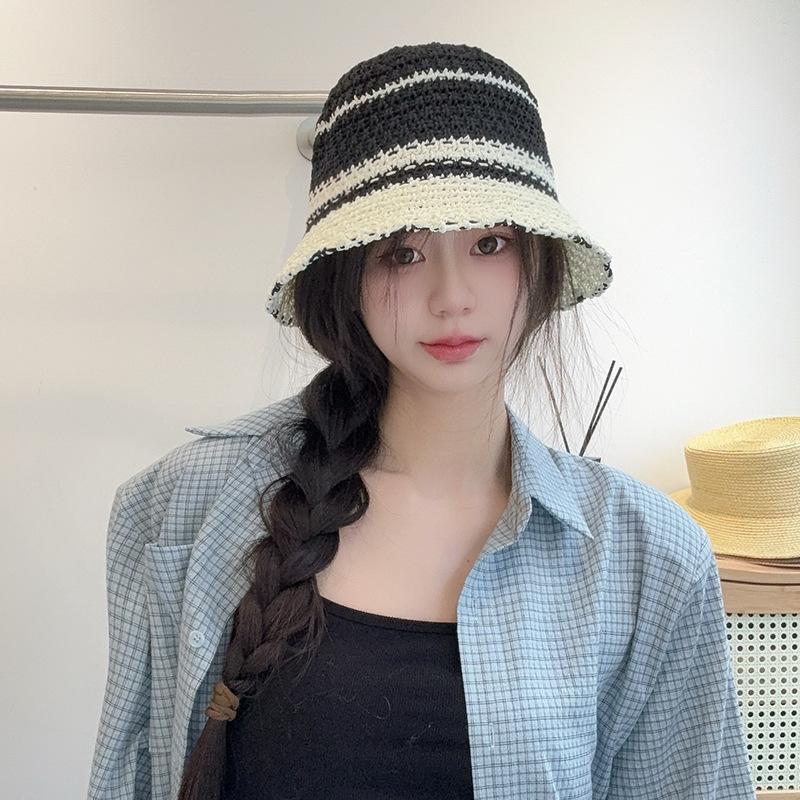 Contrasting Color Hollow Straw Hat Summer Sweet Knitted Breathable Basin Hat Outdoor Travel Versatile Face Covering Sun Hat