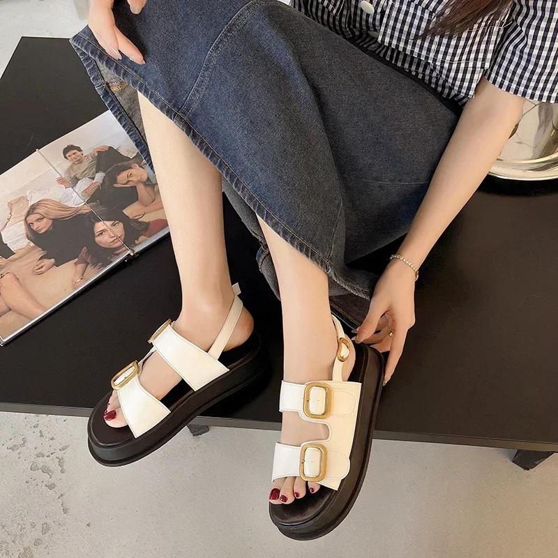 

Модные женские сандалии на среднем каблуке, плоские, с открытым носком, с круглым носком, повседневные, пляжные, с ремешком и пряжкой, летние, новые, для отдыха, платье, сандалии для женщин 40 белый