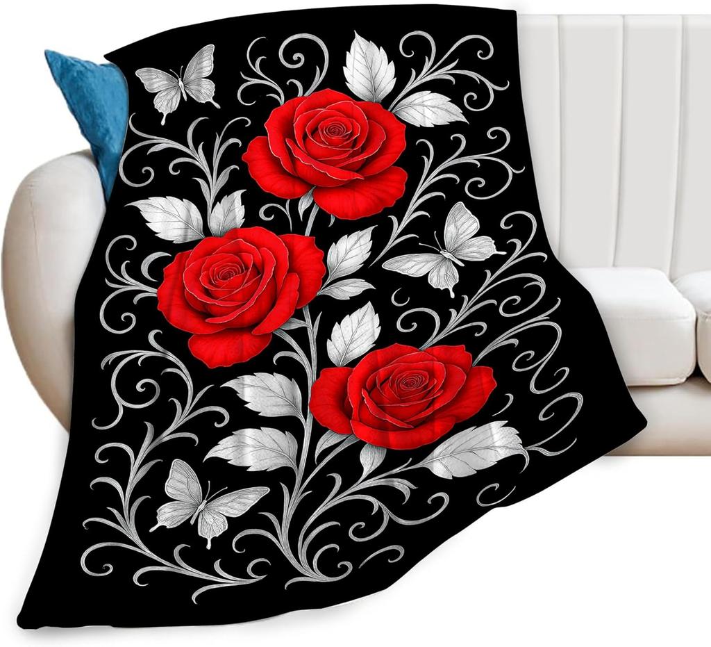 Rose Blanket, Soft Cozy Floral Throw Blanket Gift for Girl Women, Fuzzy Comfy Flannel Blanket for Couch,Travel,Bed,House Decor