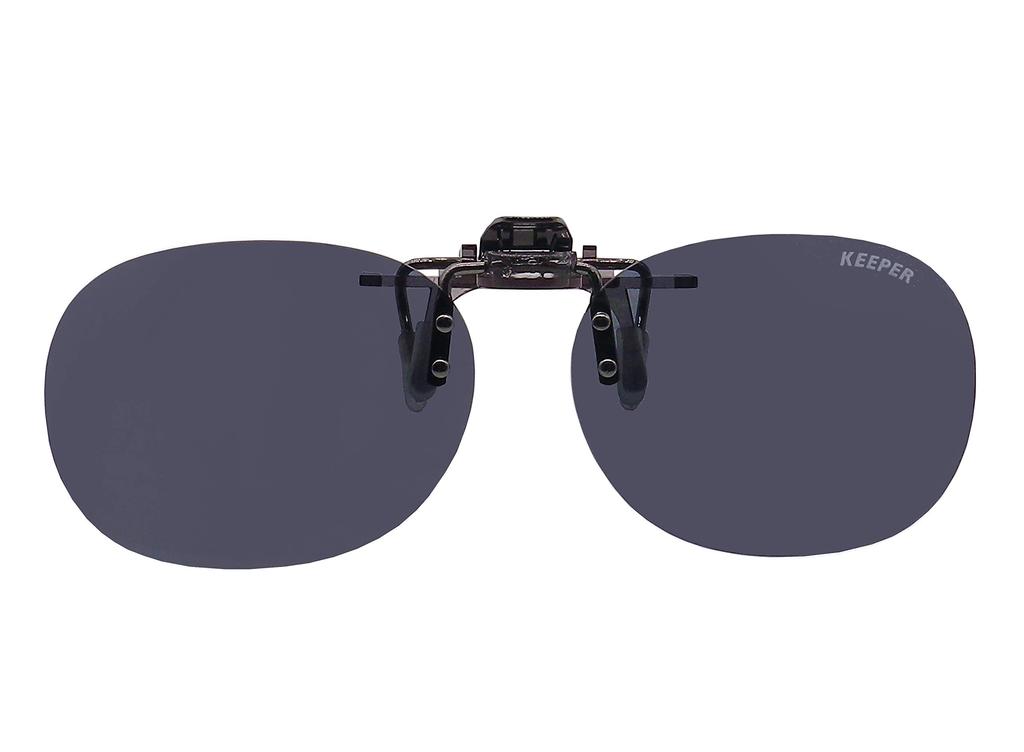 Keeper 9320-02, a Japanese-made polarized clip-on sunglasses apron that can be worn over glasses, offers UV protection, is ultra-lightweight, flip-up