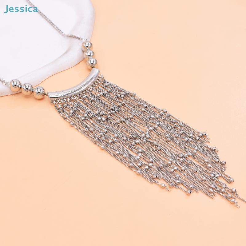 Vintage Silver Fringe Statement Necklace-Tassel Chain Beaded Bib Collar Jewelry for Women,Trendy Party/Evening Outfit Accessory