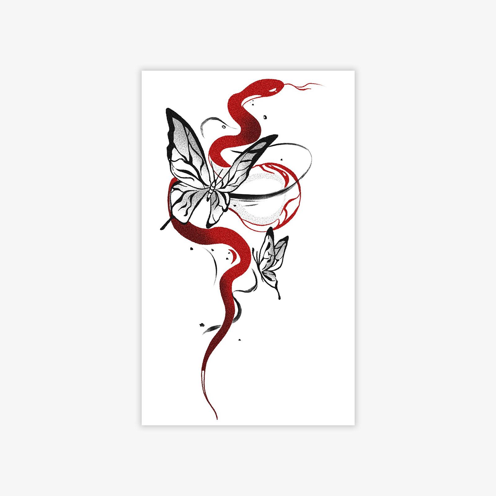 High-Value High-End Dark Red Snake Spirit Butterfly Tattoo Sticker Hot Girl Arm Tattoo Sticker 9*15