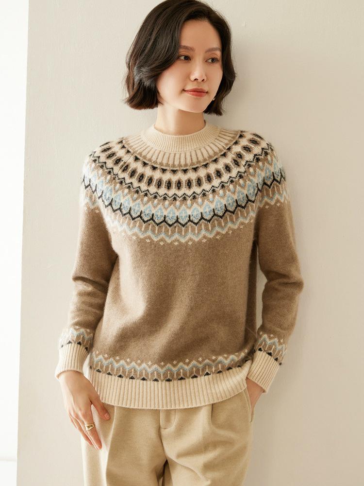 Women's Thickened Fair Isle Cashmere Pullover Sweater - Round Neck, Long-Sleeve, Double-Ply Wool Jacquard