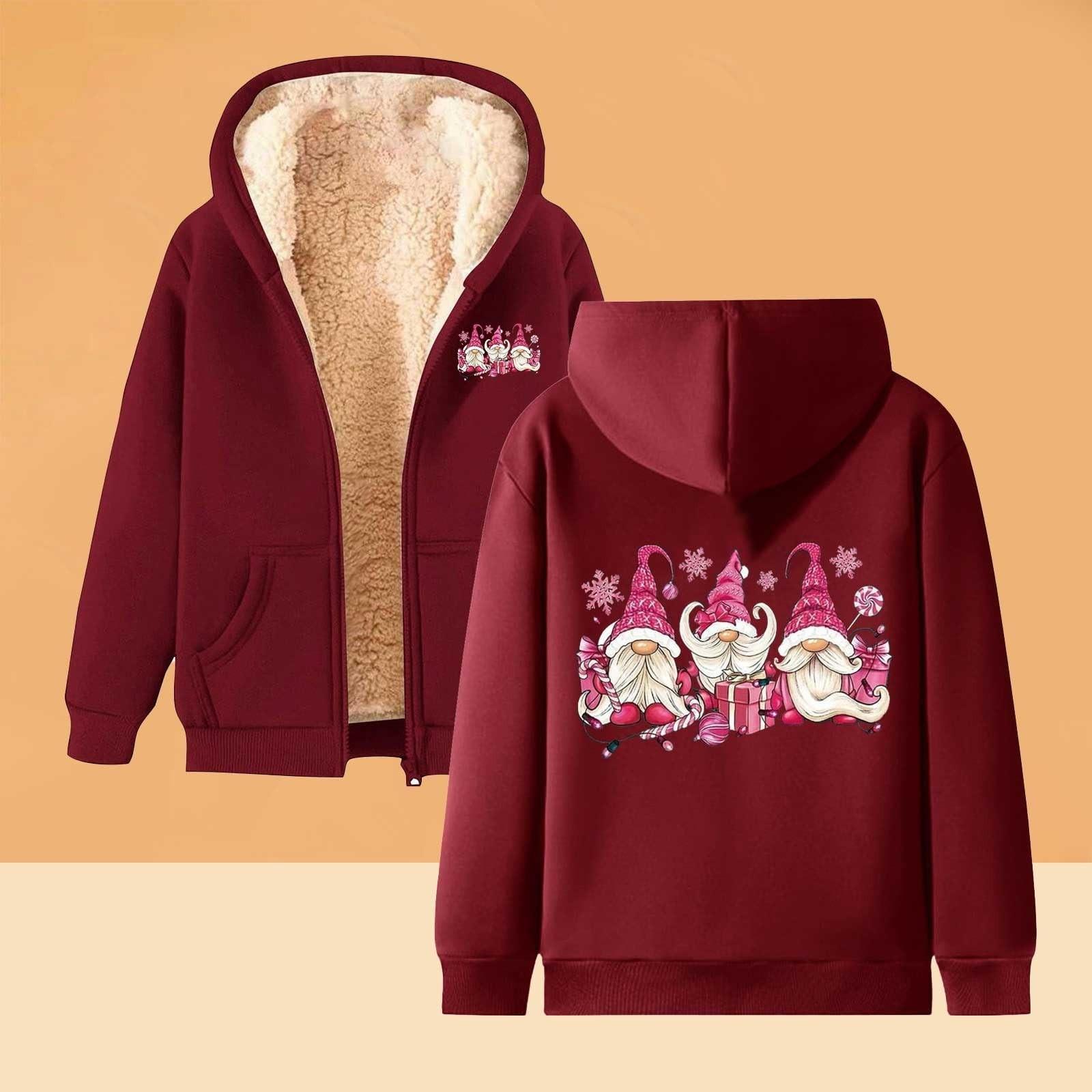 

Жіночий плюшевий і щільний теплий вільний кардиган з принтом з капюшоном XL винний