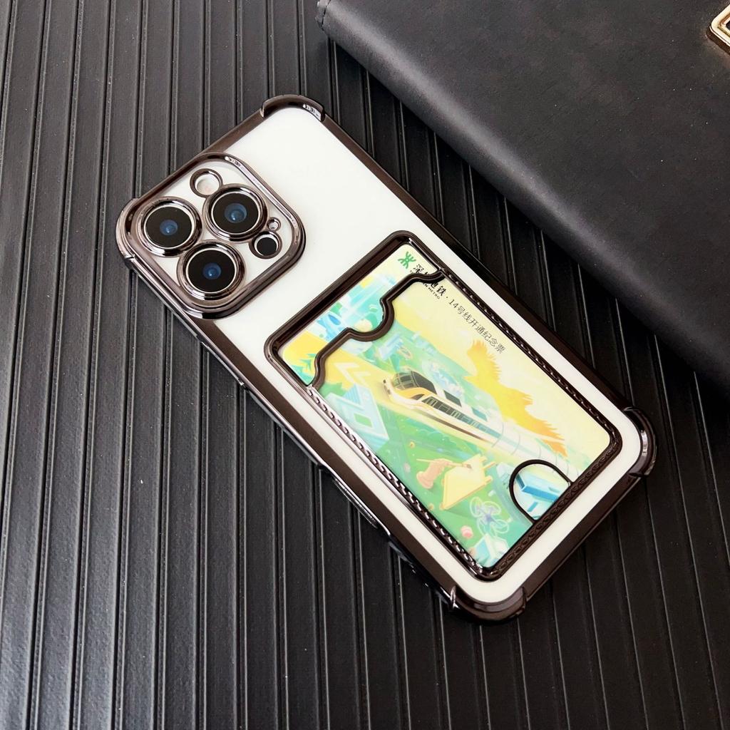Soft Plating Card Holder Bag Case For iPhone 16 15 14 13 12 mini 11 Pro X XR Xs Max 7 8 Plus 16e Shockproof Transparent Cover