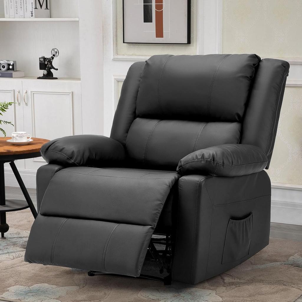 YODOLLA Ergonomic Recliner Chair – Adjustable TV Chair with Footrest , Modern Faux Leather, Manual Controls & Side Pockets (Black)