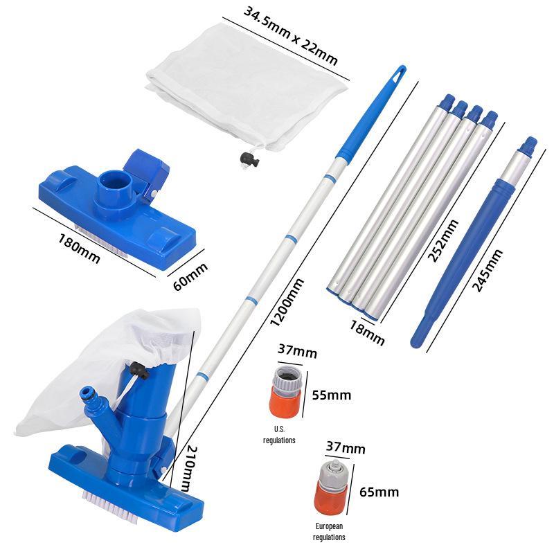 Trade Pool Cleaning Kit: Vacuum Suction Head & Jet Nozzle with Bristles, 5-Section Threaded Pole
