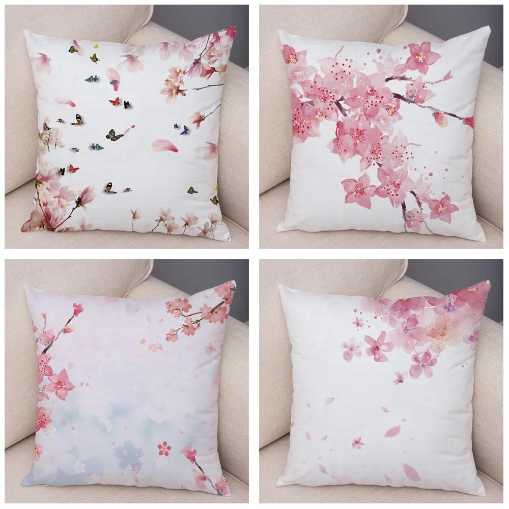 Pink Peach Blossom Cushion Cover Decor Watercolor Cartoon Plant Tree Pillow Case for Sofa Home Car Soft Plush Pillowcase 45x45cm