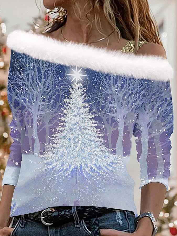 Women's Off Shoulder Furry Trim Long Sleeve T-Shirt Christmas Glitter Star 3D Print Elegant Winter Casual Top