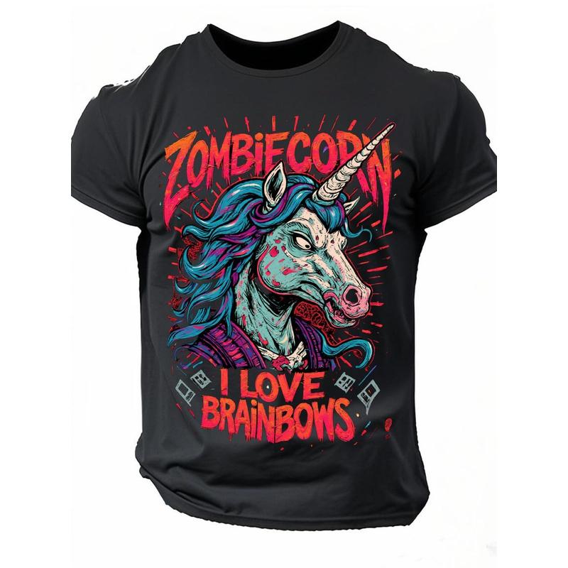 Zombie Einhorn Grafik T-Shirt - Unisex Retro Style Rundhals Kurzarm T-Shirt mit Regenbogenmähne & "Ich liebe Regenbögen" Slogan, Lebhaftes Pink & Aufdruck