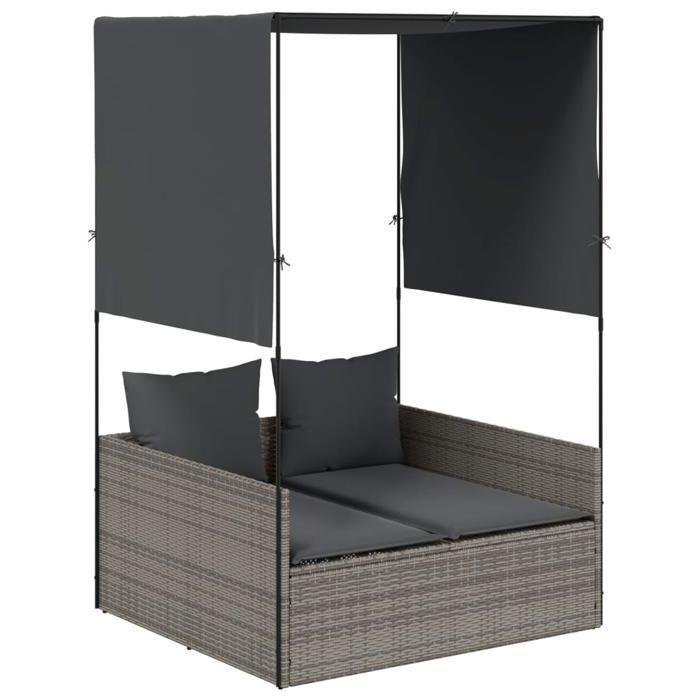VidaXL Double Sun Lounger with Roof and Curtains Grey Braided Resin, Sunbed, Outdoor Daybed, Daybed of 4002757