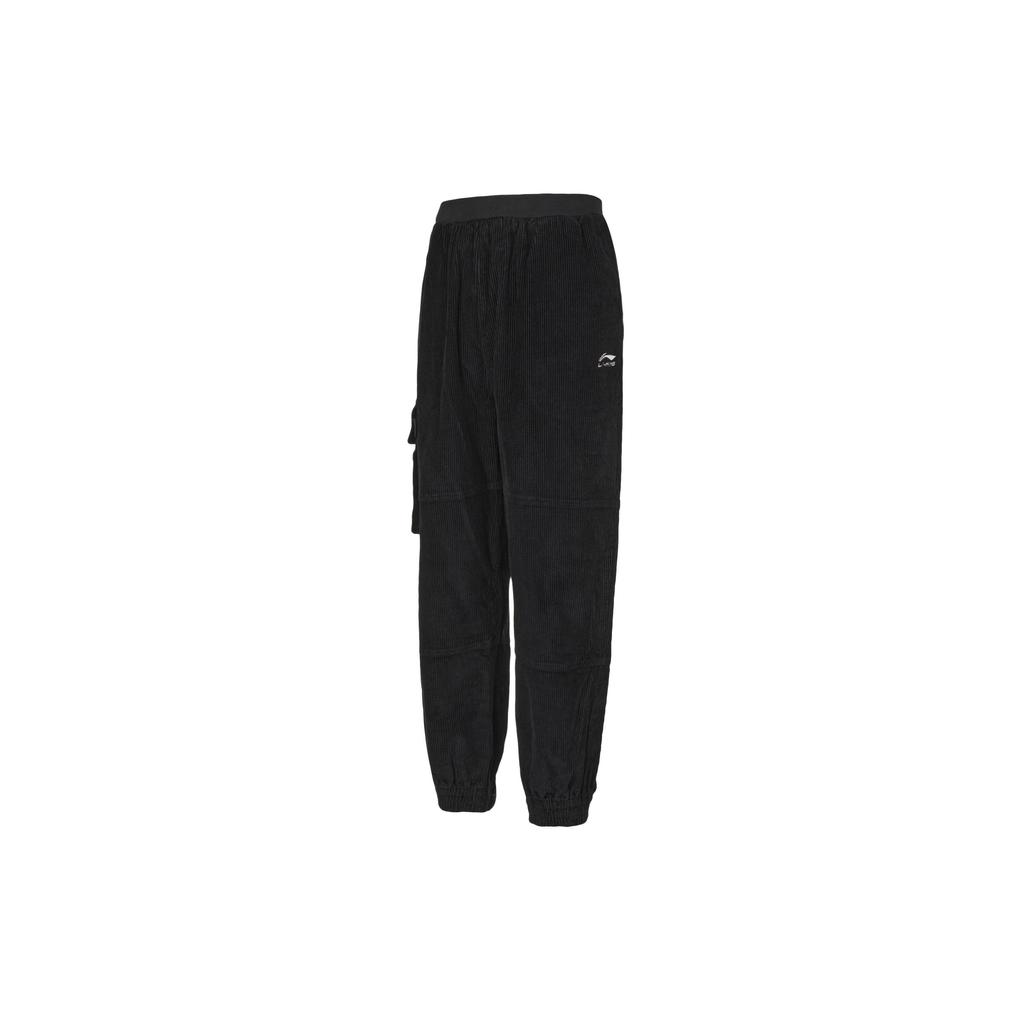 Li Ning Sports Fashion Series Corduroy Embroidered Logo Knitted Cuffed Long Pants Men Bottoms Black AKXQ487-2