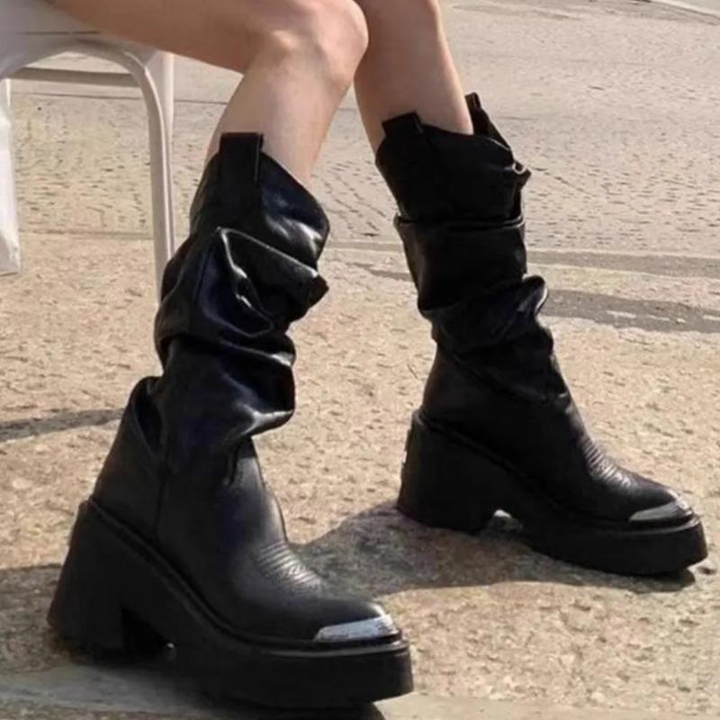 Fashion 2025 Brand New High Quality Cowboy Boots for Women Black Slip On Chunky High Heels Mid-calf Boot Platform Shoes