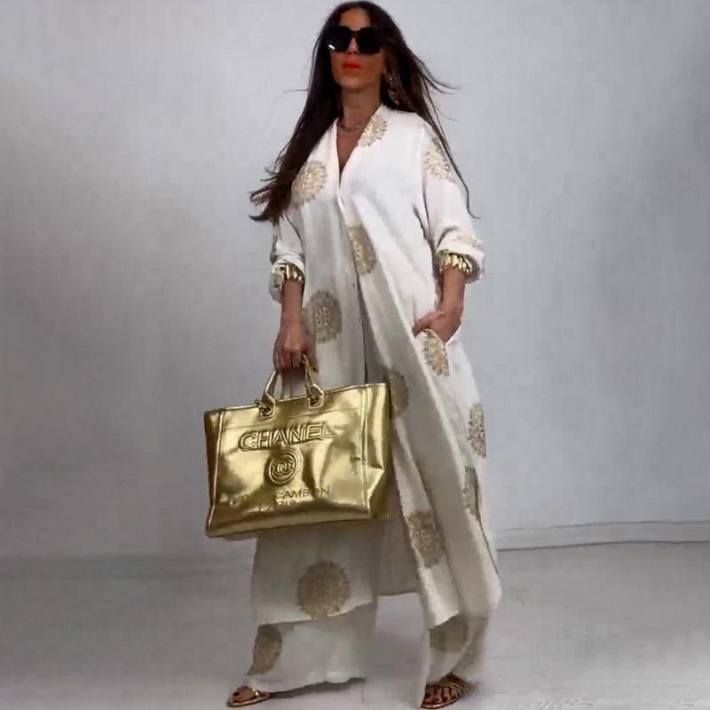 Completo Robe Lunga Vintage Stampata Larga da Donna Primavera Estate Casual Camicia a Bottoni Bluse Pantaloni a Gamba Larga Outfit Due Pezzi Oversize