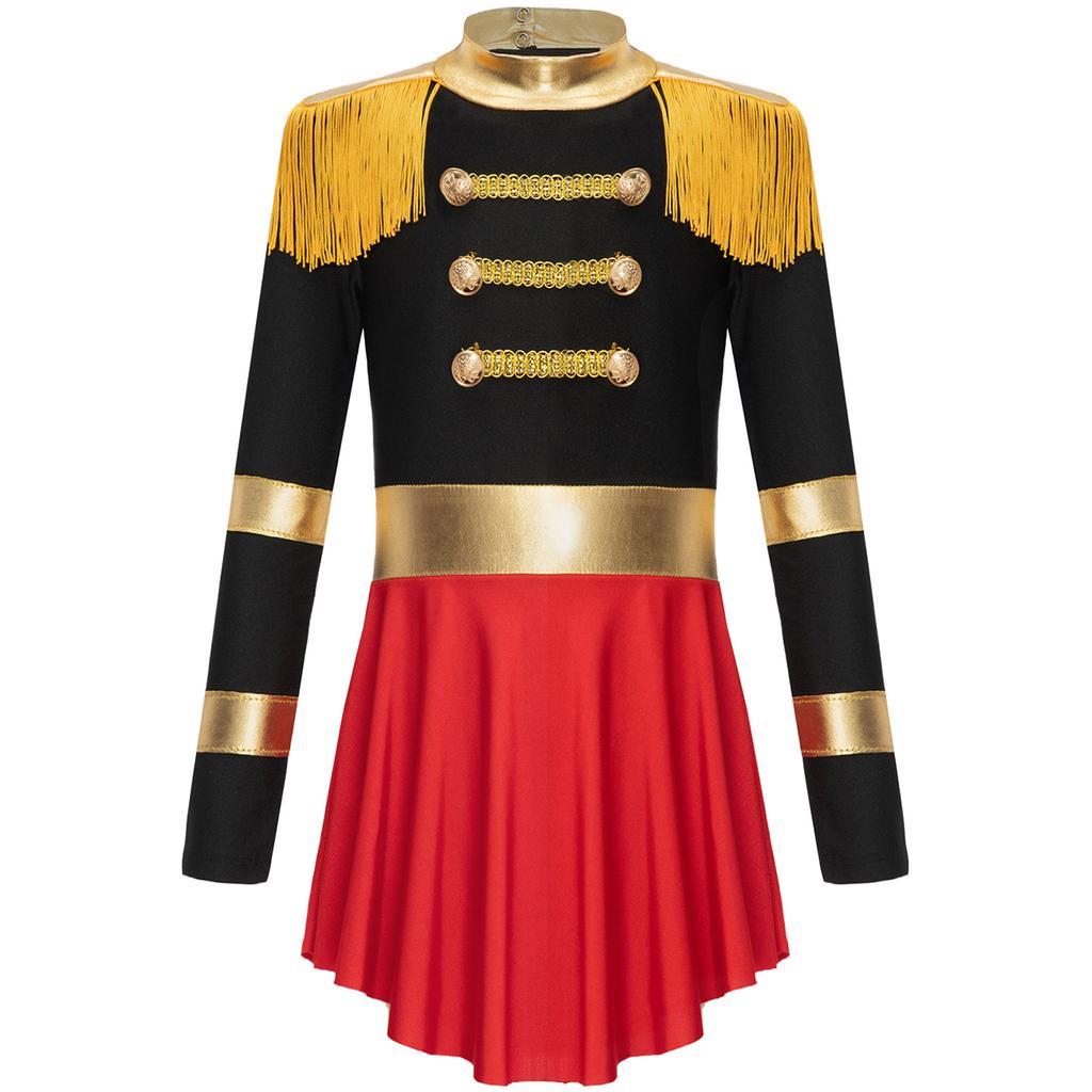 4Pcs Kids Girls Circus Magician Costume Complete Set: Long Sleeve Jumpsuit with Keyhole Back, Top Hat, Gloves & Wand for Halloween Show