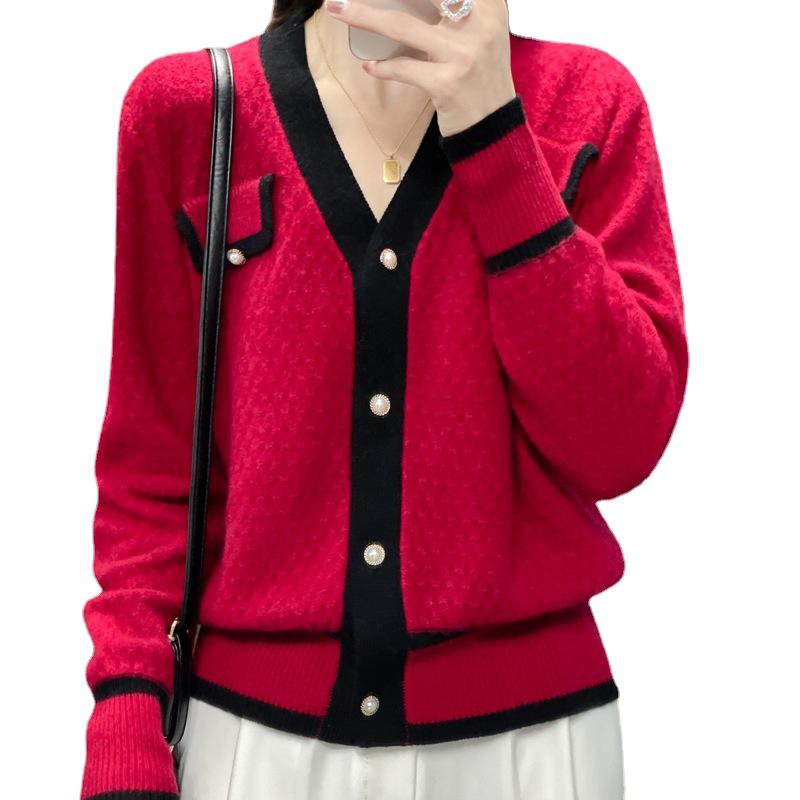 

В-образный вырез, цветной блок, внешний, сочетающийся, стиль маленького аромата, весна и осень, новый, свободный и универсальный, вязаный жакет, свитер, базовая рубашка, топ 2XL