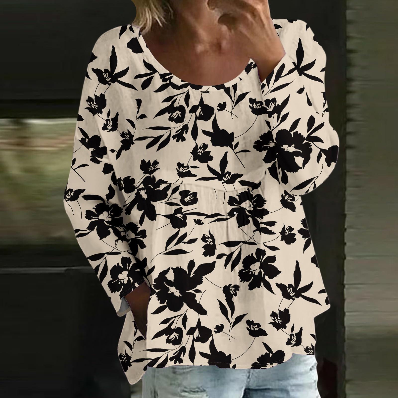 

Women s Casual Fashion Loose Round Neck Floral Print Long Sleeve Top L бежевий