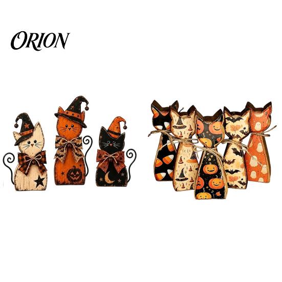 Gothic Style Autumn Tabletop Accents Rustic Wooden Cat Ornament, Vintage Halloween/Flower Wood Signs, Retro Farmhouse Shelf Display Distressed Animal