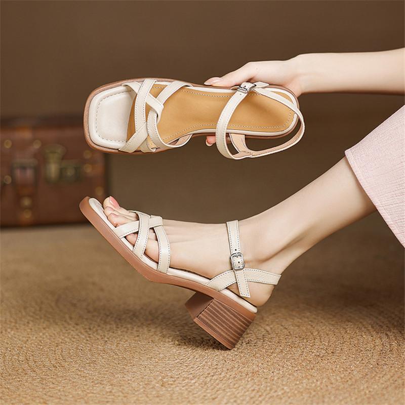 Fashion New Summer Sandals Sheep Leather Women Shoes Square Toe Chunky Heels Sandals for Women Fashion Roman Sandals Shoes High Heels