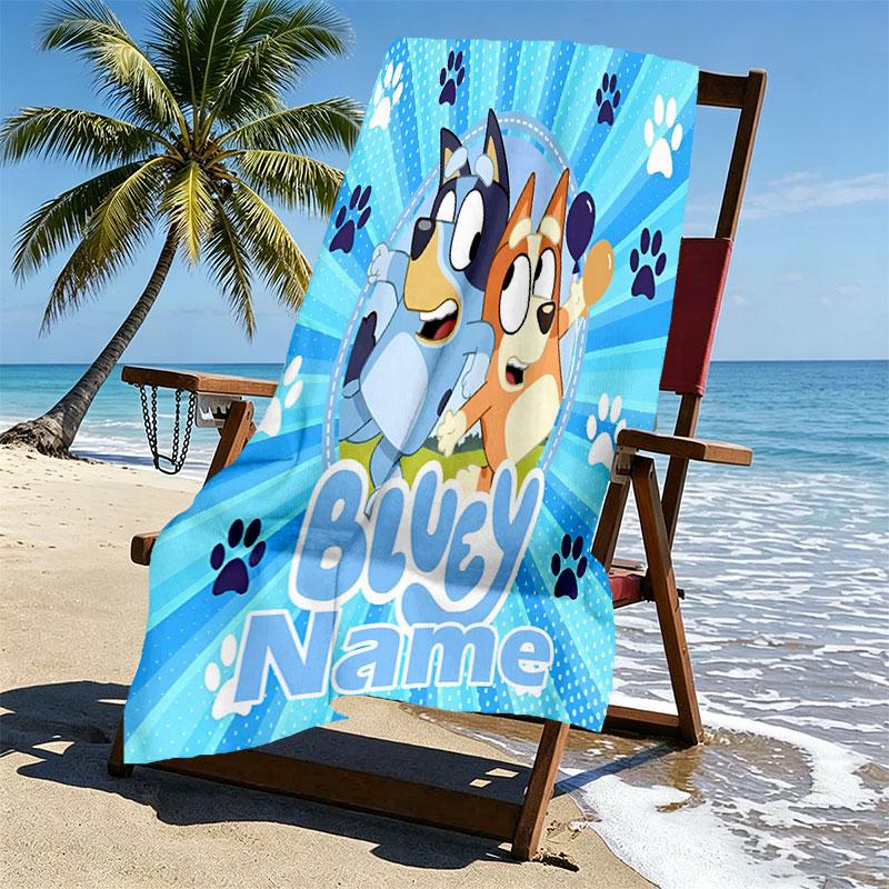 Custom Name Personalized Bluey Print Beach Towel, for Trip Camping Beach Party Home Decor, Birthday Gift for Family & Friends