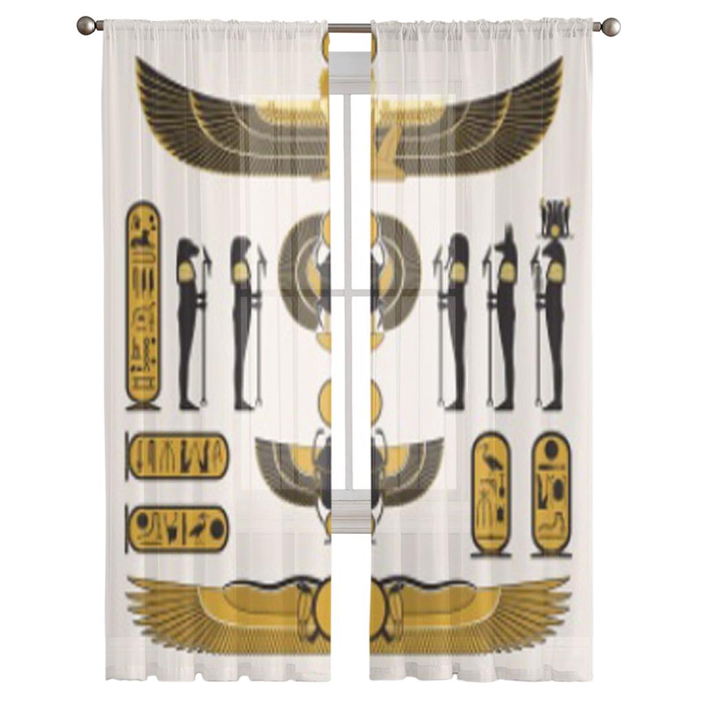 Staroegyptské symboly a dekorace Tylové průsvitné závěsy pro dekoraci obývacího pokoje, ložnice, kuchyně Voálové organzové závěsy