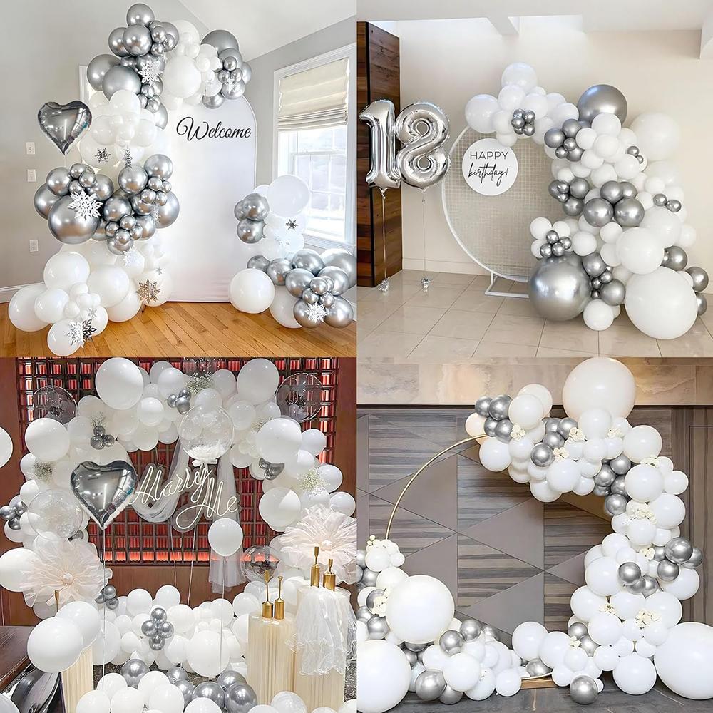 White Silver Balloons Garland Metallic Heart Silver  Foil Globos Balloon Arch Kit Baby Shower Birthday Party Wedding Decoration